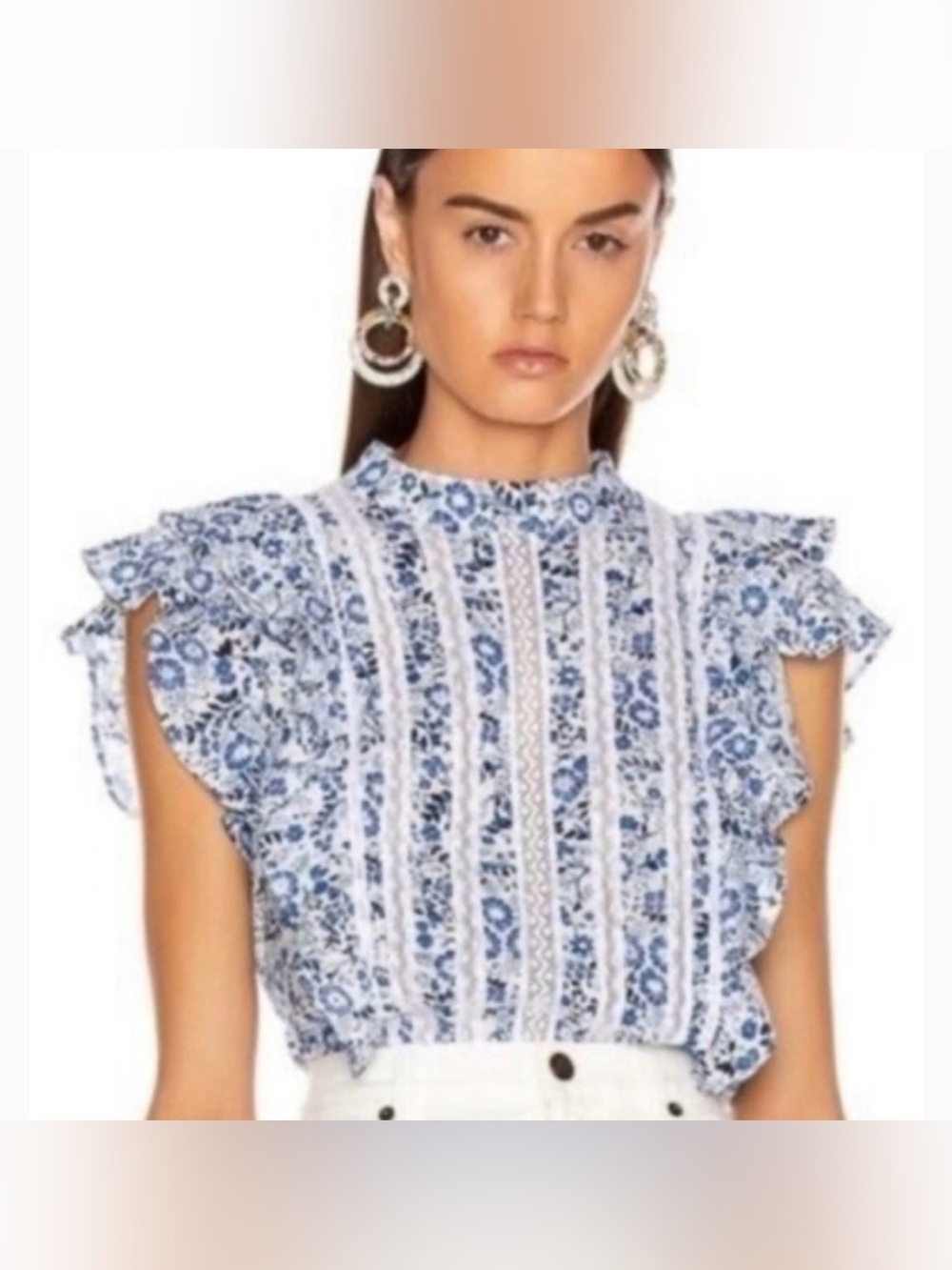 Veronica Beard Sol printed lace ruffle blouse
White Blue Floral Top Flutter Sz 2